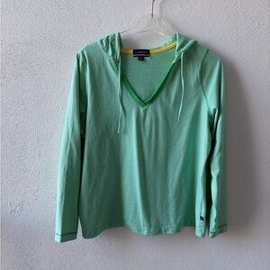 Lands End Long Sleeve Hoodie Women Size XLP Green Stripe‎ V-Neck Casual Shirt
